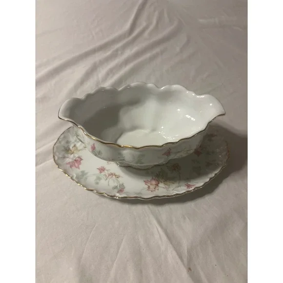 Hutschenreuther Selb Bavaria Floral Gravy Boat Attached Plate Gold Trim
