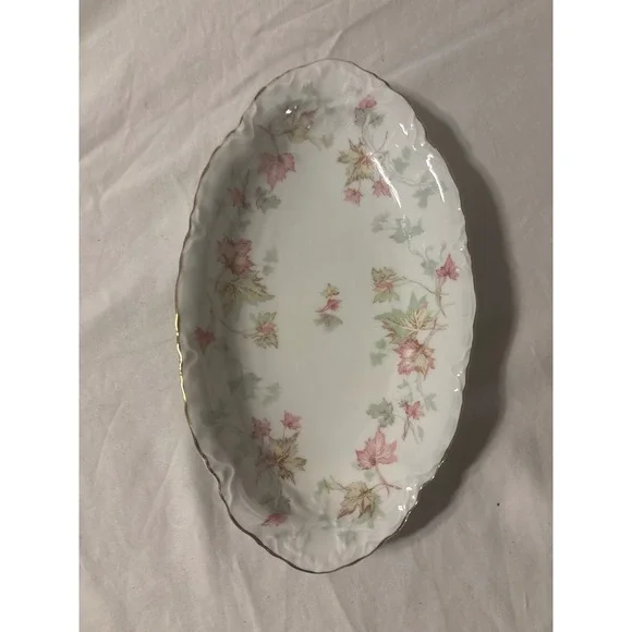 Hutschenreuther Selb Relish Dish Bavaria Pink Green Leaf Gold Trim 8.5