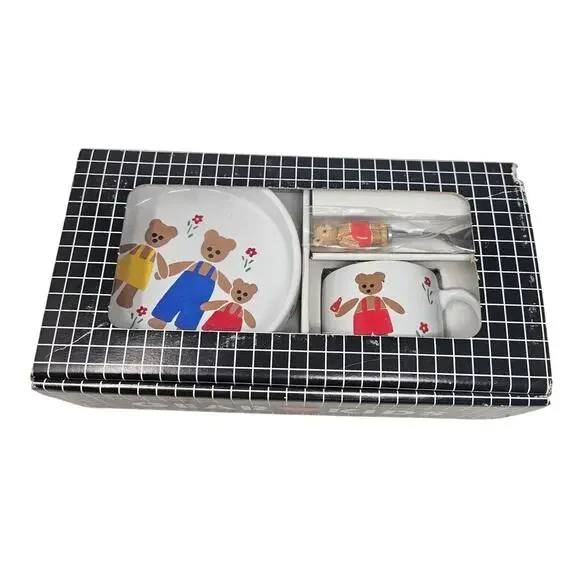 Vintage 80s Gear Kids 3 Piece Toddler Dining Set Bears Ceramic Colonial Cape Cod