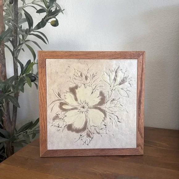 Vintage 80s Italian Floral Ceramic Tile Trivet Wood Frame Cottage Core Decor 9x9