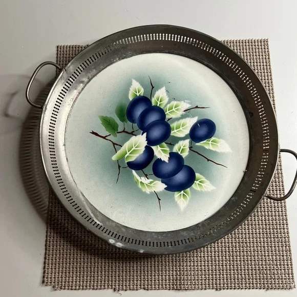 Vintage Germany 3162 Hand Painted Plum Ceramic Metal Gallery Serving Tray 11.5