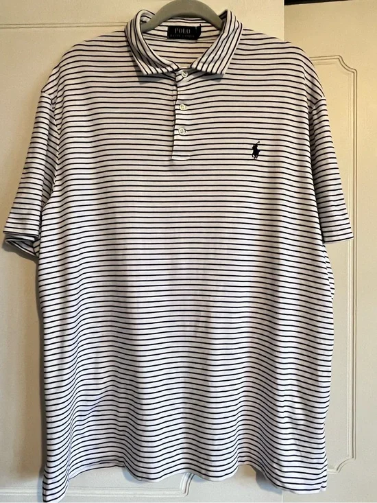Polo Ralph Lauren Men's XL White Striped 100% Cotton Short Sleeve Navy Pony EUC