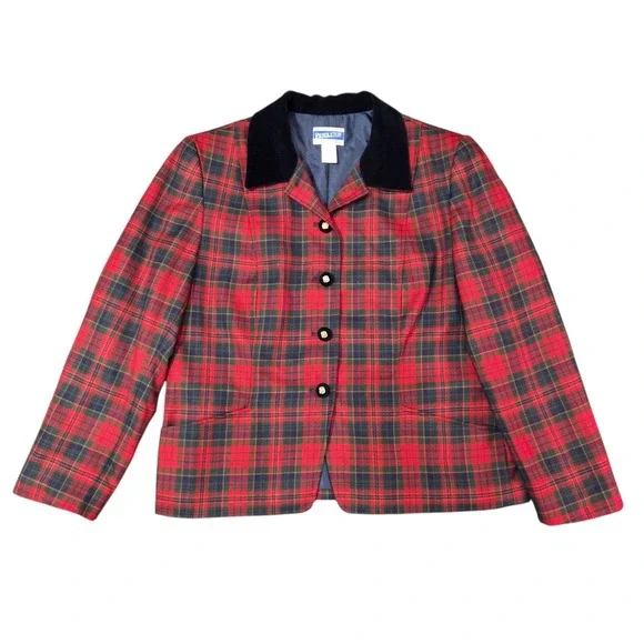 Vtg Pendleton Blazer Womens Petite 16 Red Tartan Plaid Virgin Wool Made USA‎ 90s