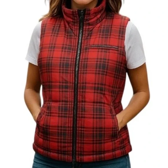 Lauren Ralph Lauren Women's Buffalo Plaid Zip Up Puffer Vest Black Red Size P/M‎