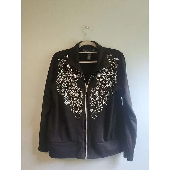 Susan Graver Style Full Zip Black‎ Silver Studded Jacket Size Petite Small