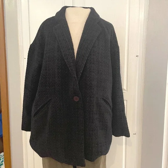 Flawless Black Textured Tweed Blazer Womens Size S Single Button Wool Blend soft