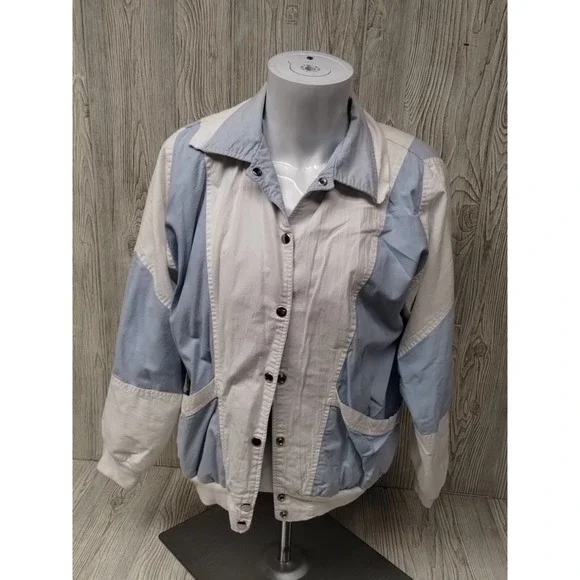 Women's MED‎ White Blue Jacket Snaps Long Sleeve Stripes Pockets Cotton Nylon