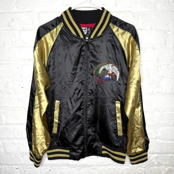 Vintage Seku Souvenir Jacket Embroidered‎ Size Medium Black Gold Crane Fuji