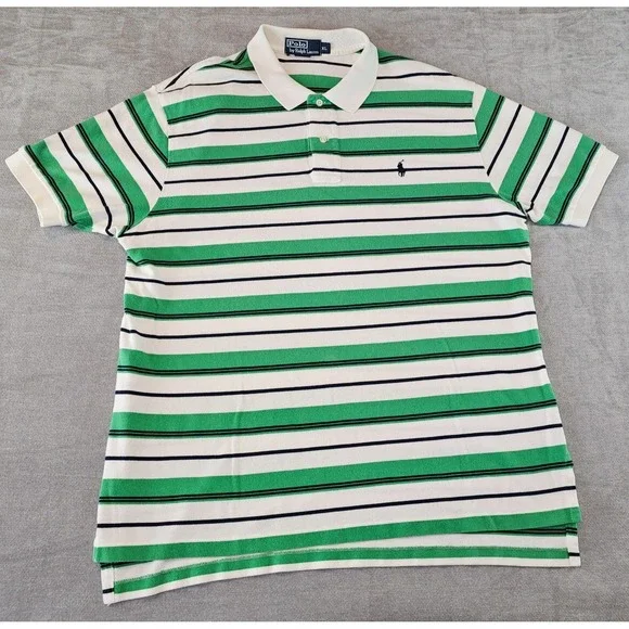 Polo by Ralph Lauren Shirt Men XL Green White Striped Rugby Short Sleeve Y2K
