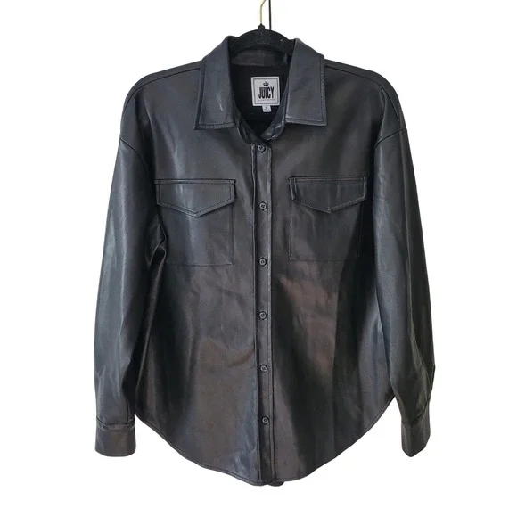 Juicy by Juicy Couture Large Faux Leather‎ Shacket Black Button Front Jacket
