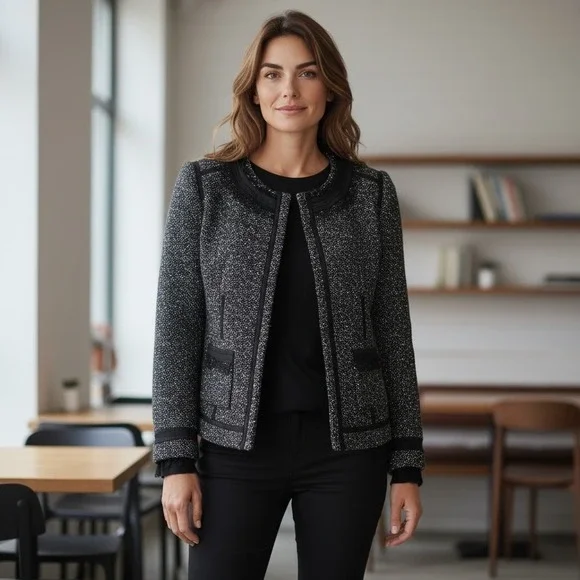 REBECCA TAYLOR Tweed Collarless Jacket Black Tweed Blazer Lace Trim Women's SZ 4