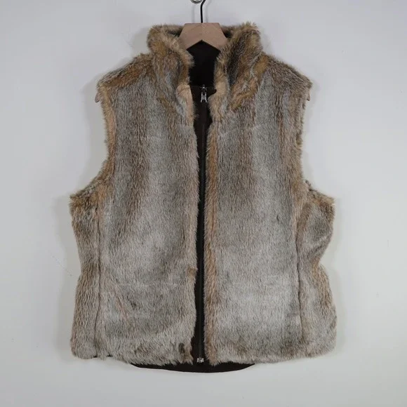 Vintage 2004 Gap‎ Reversible Faux Fur Cotton Vest Large Y2K Gilet Brown