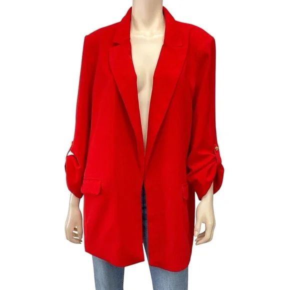 Tahari Blazer Women XL Red Long Sleeve Open‎ Front Lined Roll Tab Notch NWT