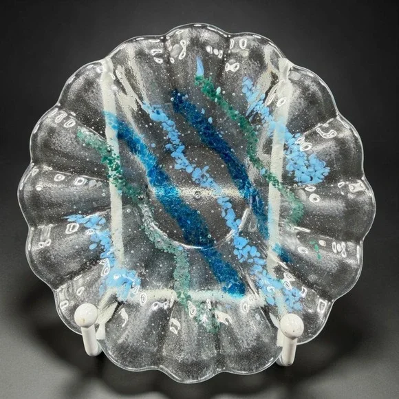 Artisan Fused Glass Scalloped Bowl Blue Teal Striped Coastal Decor Hand Made 5in