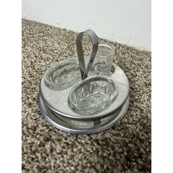 Vintage Made in Italy Glass Relish Tray Condiment Caddy Metal Carrier 3 Dish Set