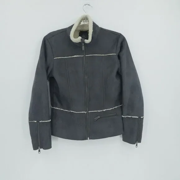Prana Jacket Womens Small Gray‎ Faux Suede Sherpa Lined Esme Moto Boho Gorp