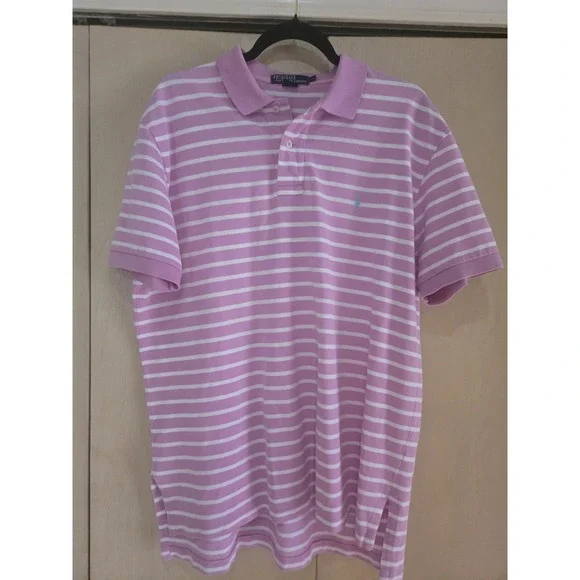 Polo Ralph Lauren Custom Fit Polo Shirt M Pink White Stripe NMI Cotton USA