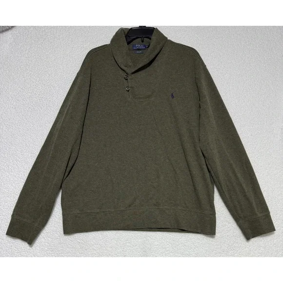Polo Ralph Lauren Estate Rib Shawl Cowl Neck Green Sweater Mens XL Purple Pony