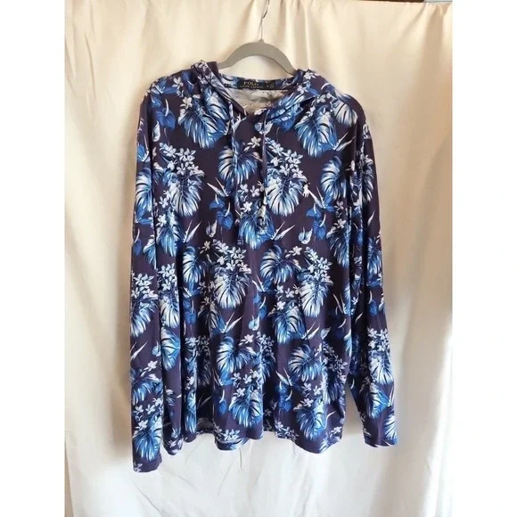 Polo Ralph Lauren XL Hooded Long Sleeve T-shirt Blue With Floral Design