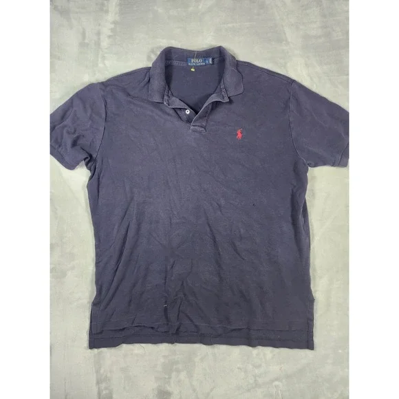 Polo Ralph Lauren Men's L Cotton Solid Navy Blue 2 Button‎ Short Sleeve Polo