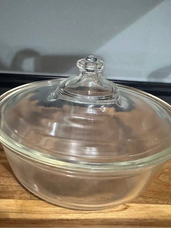 PYREX - Vtg 1920s Clear Glass 1 Qt Bowl & Lid, Backward Dollar Sign, 167 1672