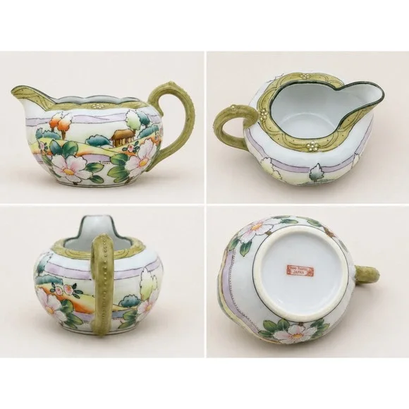 Vintage Hand Painted Japan Porcelain Creamer Pitcher Floral Landscape Scenic