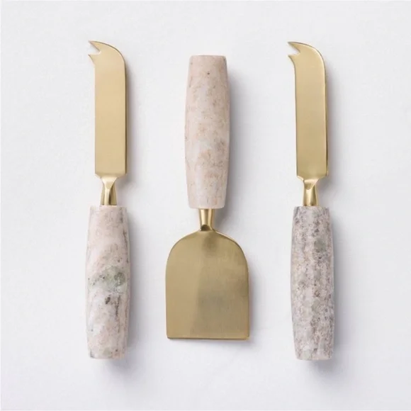 Hearth & Hand Magnolia 3pc Brass Cheese Knives w/ Marble Handles Beige NEW!