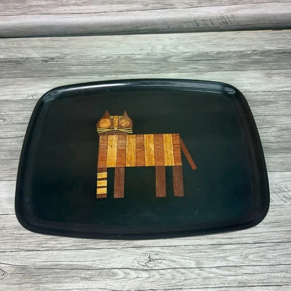 Couroc Of Monterey Serving Tray Hand Inlaid Wood Cat Vintage MCM