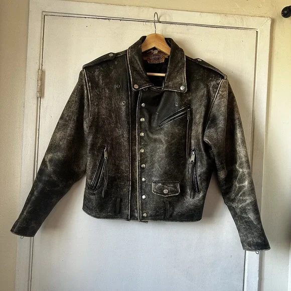 Vintage Harley Davidson Distressed Faded Black Leather Moto Jacket Men's Large