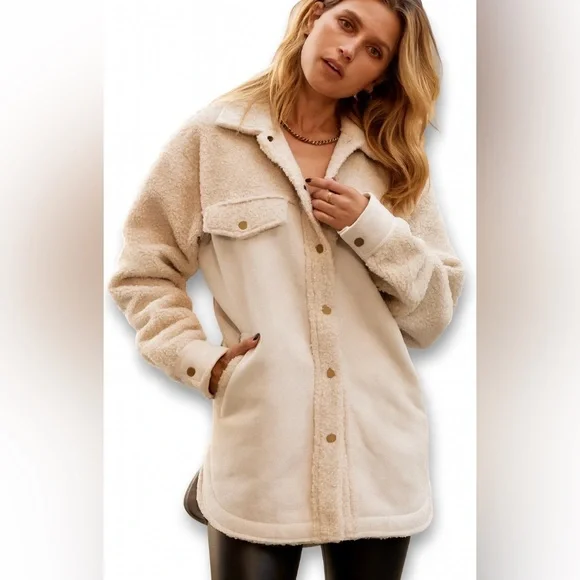 12th Tribe Teddy Sherpa Shacket Jacket Cream Beige Cozy Oversized‎ Small