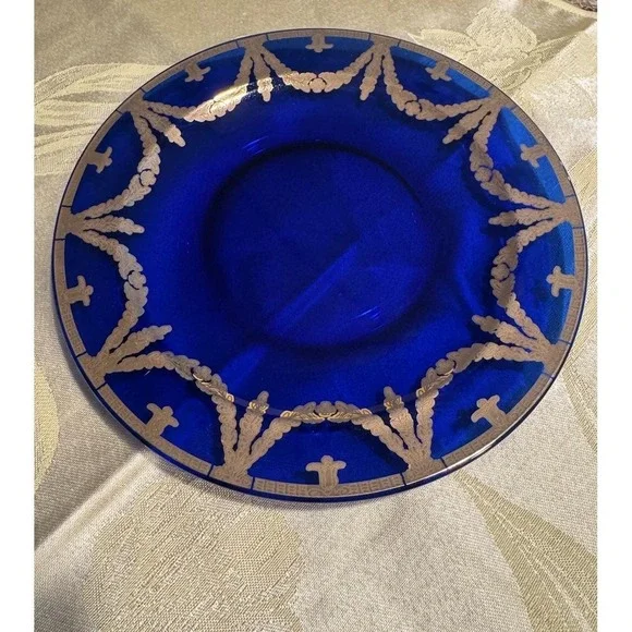 Antique Wheeling Glass Cobalt Blue Gilt Plate Greek Key Swag 8.25 Victorian RARE