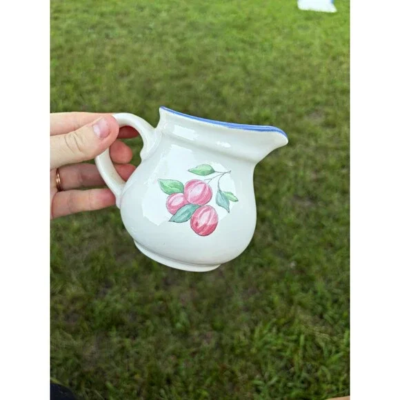 Pfaltzgraff Stoneware Floral Creamer Pitcher 8 oz White Blue Rim Model 402