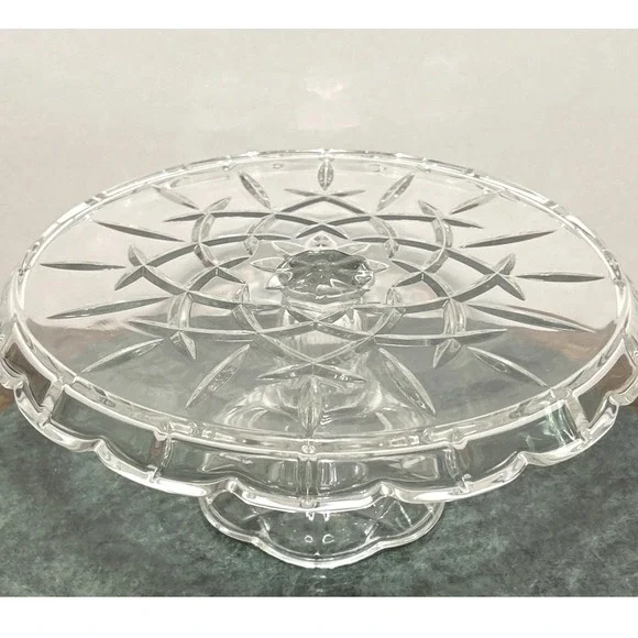 Gorham Lady Anne Clear Pressed Glass Pedestal Cake Stand Starburst Scalloped Rim