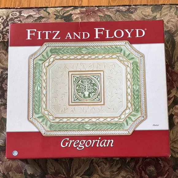Fitz and Floyd Green Gold Cream Gregorian Platter in Box