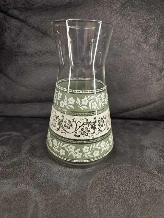 Vintage Mid-Century Glass Juice Carafe Green & White Floral Silver Bands 7.5