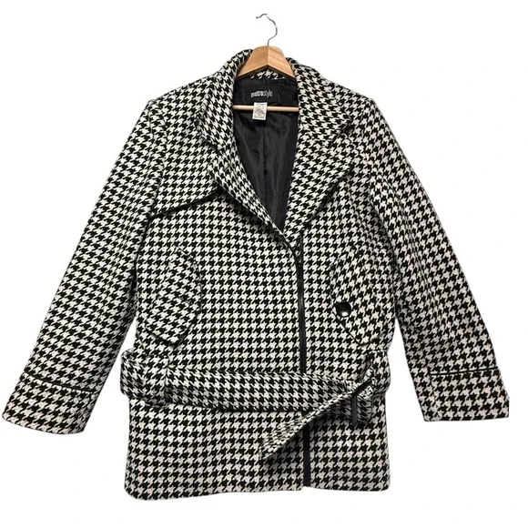 Metrostyle‎ Womens Houndstooth Wool Blend Belted Asymmetrical Zip Coat Black 16