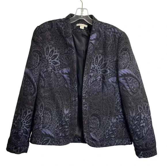 Coldwater Creek Womens Navy Blue Black Paisley Brocade Open‎ Front Jacket S 6-8