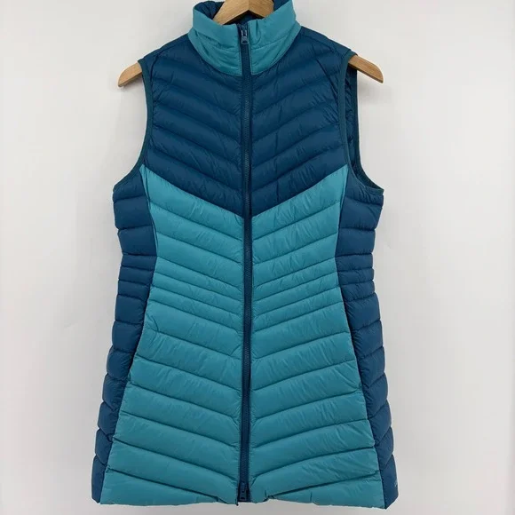Lands' End‎ Womens XS Down Puffer Vest Blue Chevron Full Zip Outerwear NWOT