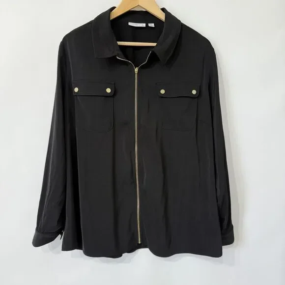 Susan Graver Jacket Size‎ 20W Black Zip Up Lightweight Roll Tab Sleeves