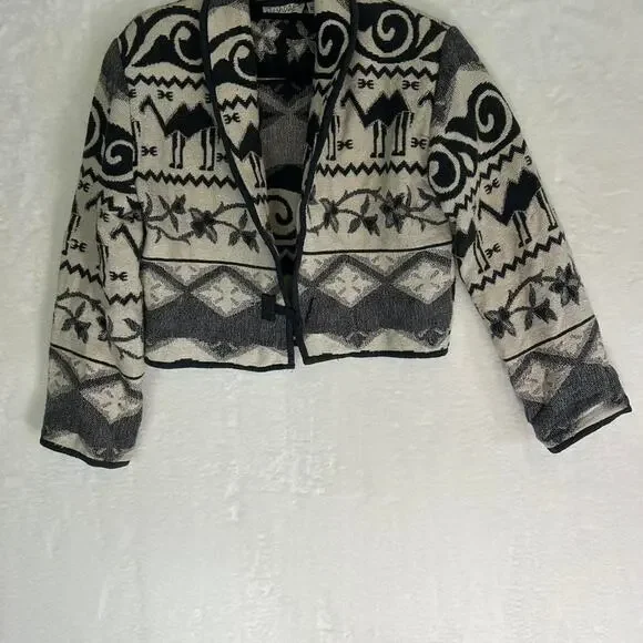 Flashback Vintage Cropped Tapestry‎ Jacket Black Cream Camel Print Cotton Small