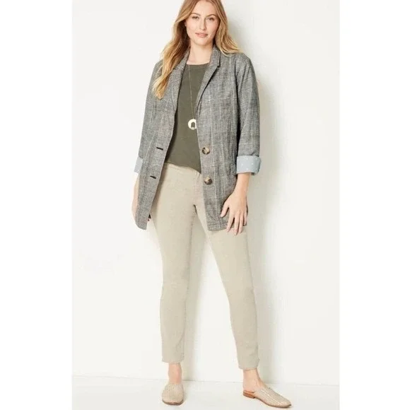 J‎ Jill Love Linen Blazer Plaid Longline Womens Lrg Boyfriend Fit Blue Academia