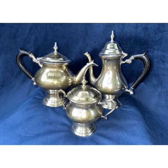 3-Piece Silverplate Tea/Coffee Set Teapot Coffee Pot Lidded Sugar Bowl Black