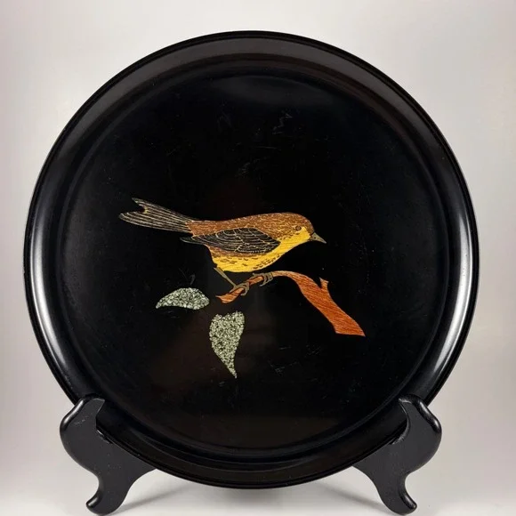 Vintage Couroc of Monterey Bird Wood Inlay Round Tray Black Mid Century MCM