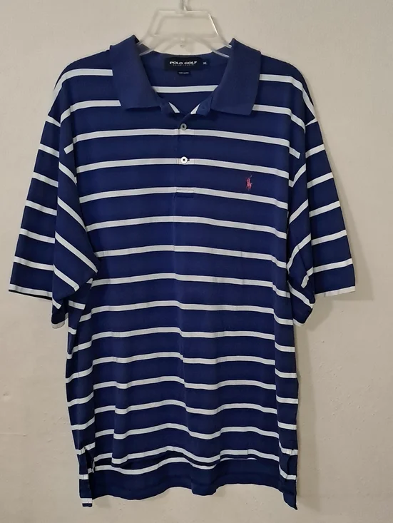 Ralph Lauren Polo Golf Men's Size XL Navy and White Striped Polo with Pink Pony