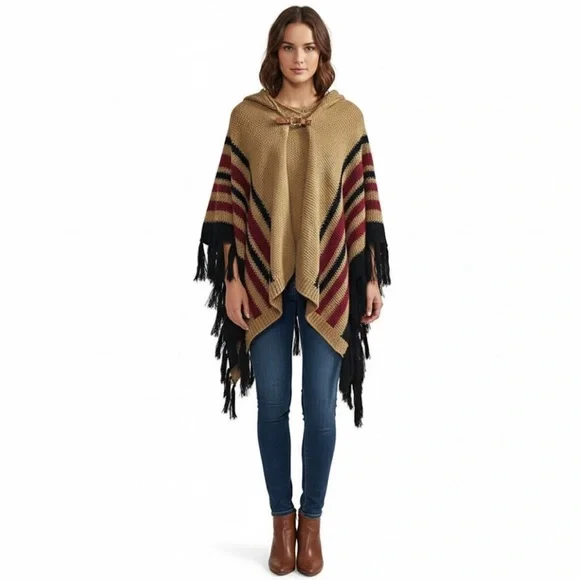 Women's Hooded Poncho Cape Brown Fringe Striped One Size‎