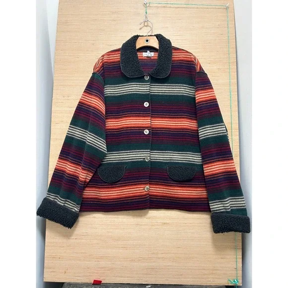 Van Heusen Womens XL Fleece Jacket Striped Sherpa Collar Button Up‎ Southwestern