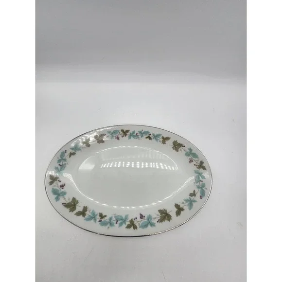 Vintage Fine China Japan 6701 Oval Platter Teal Green Leaf Berry Silver Rim 10