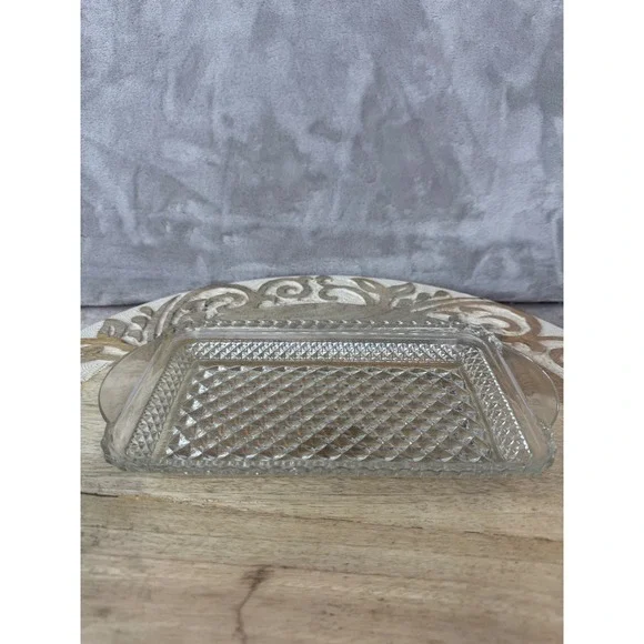 Vintage Clear Pressed Glass Diamond Point Rectangular Tray with Handles 9 Inch