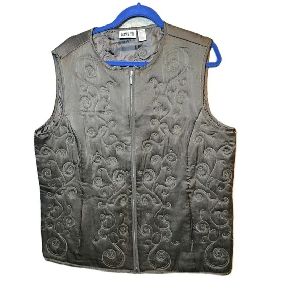Vintage Chicos Design Womens Sz 3 Silk Brown Vest Floral‎  Embroidered 100%Silk