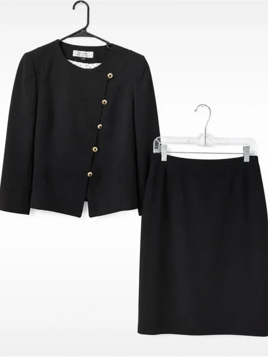 Tahari Black Women's Two-Piece Skirt Suit with Gold Buttons